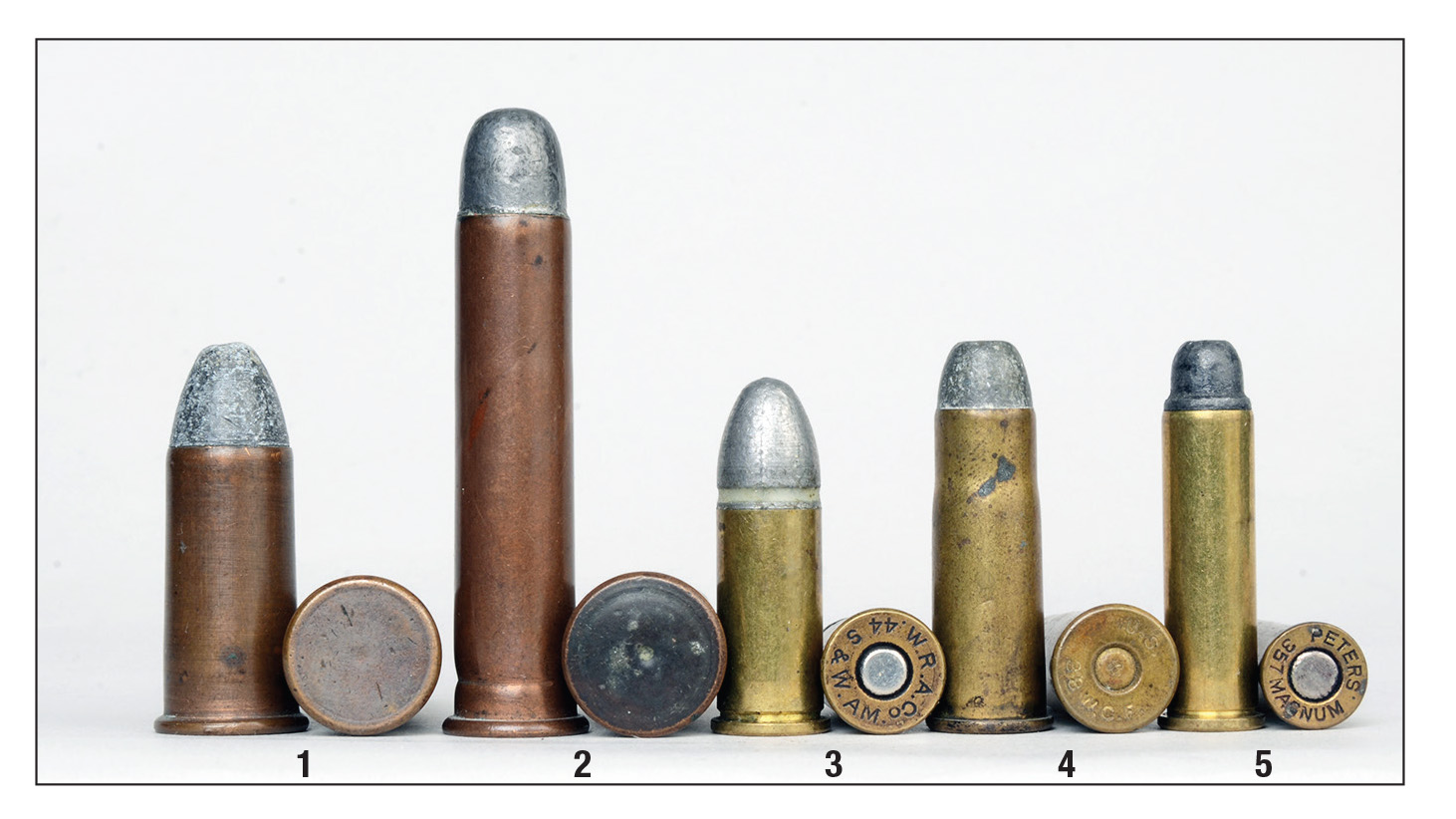 A variety of primers have been used through the years: (1) Rimfire .56-50 Spencer, (2) internal primed .45 Government, (3) the first reloadable revolver cartridge .44 Smith & Wesson American, (4) small primer in .38 WCF (.38-40) and (5) large pistol primer in .357 Smith & Wesson Magnum.